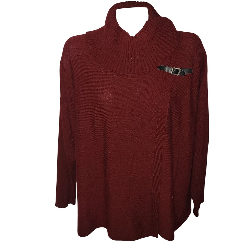 BRIGGS Burgundy Ribbed Cowl Neck Sweater Faux Leather Buckle Accent contemporary